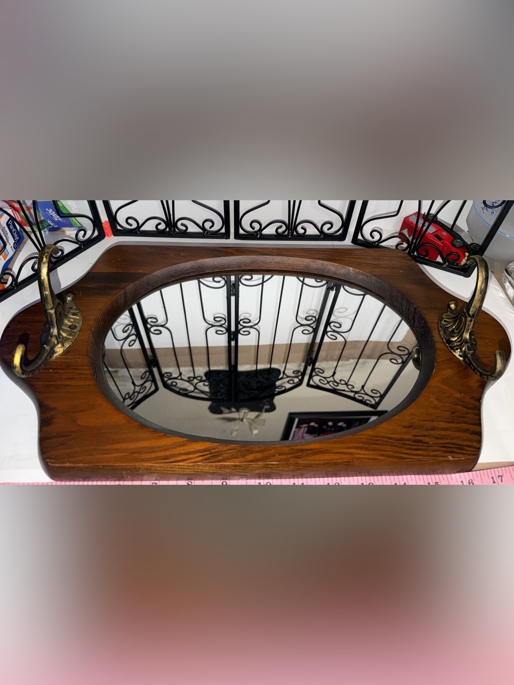 Vintage Wood Oval Wall Mirror with Ornate Brass Coat Key Hooks Entryway Decor - Picture 9 of 9